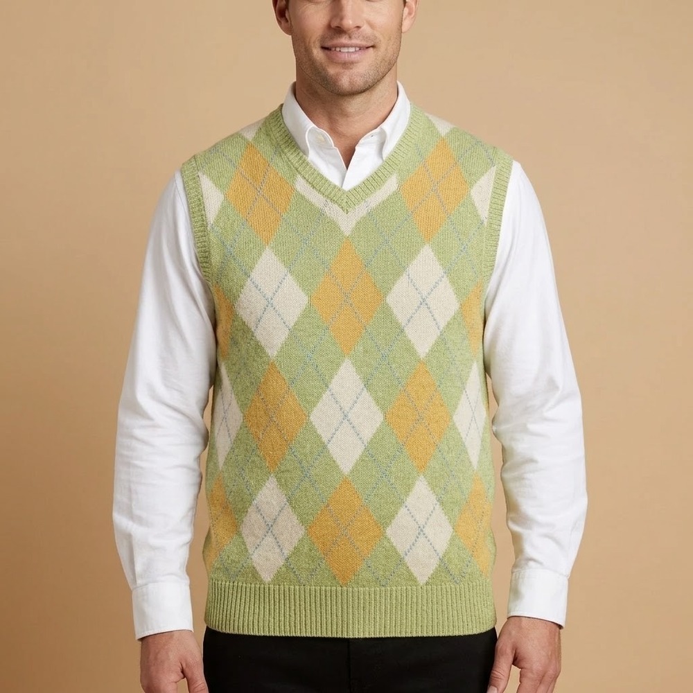 Robert Talbott Argyle‎ Sweater Vest Men L Green Silk Cotton Made in Hong Kong